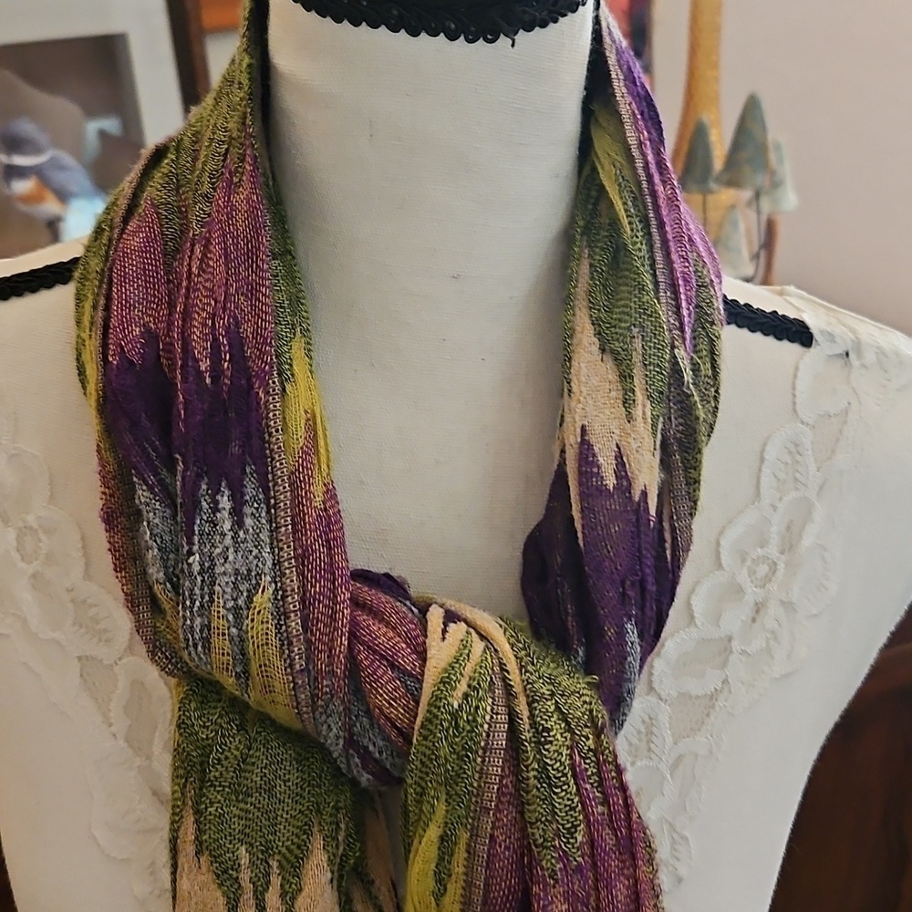 Vintage Purple and Green Multi-color Open Weave Crinkle Fringe Scarf - Picture 7 of 9